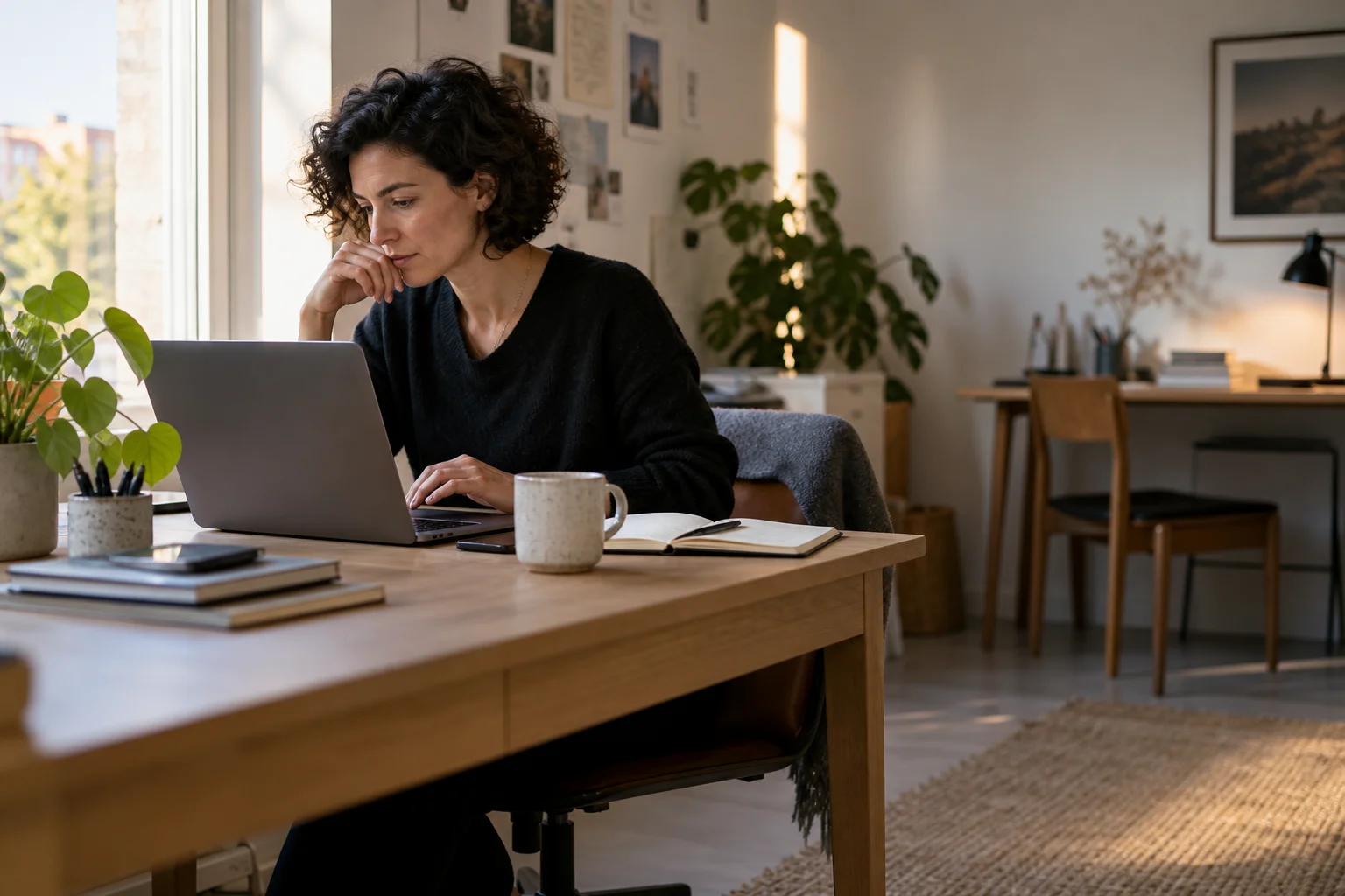 Illustration of a small-business owner using an AI assistant in her everyday workspace.