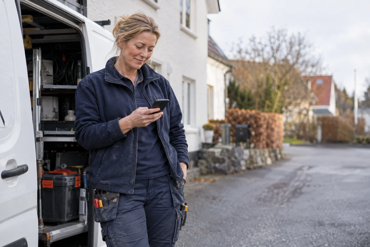 Illustration of a heating engineer checking her phone beside a parked service van.