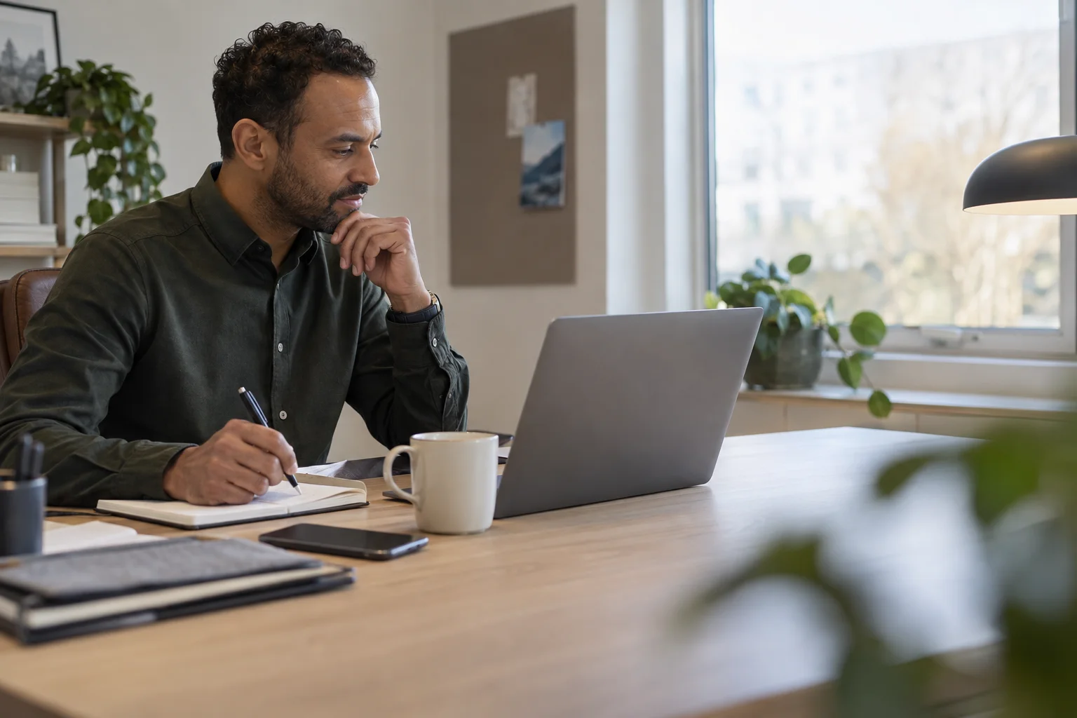 Illustration of an account manager reviewing customer context from across his company.