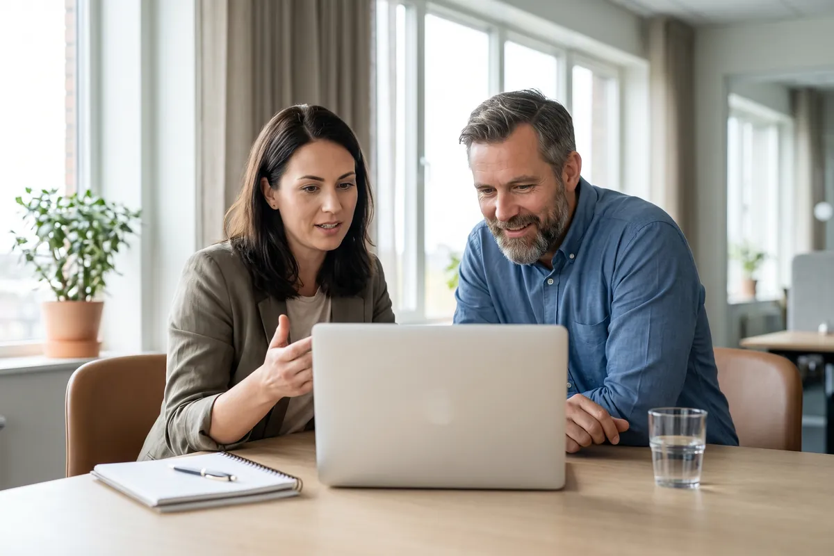 Two colleagues checking the details of a deal together