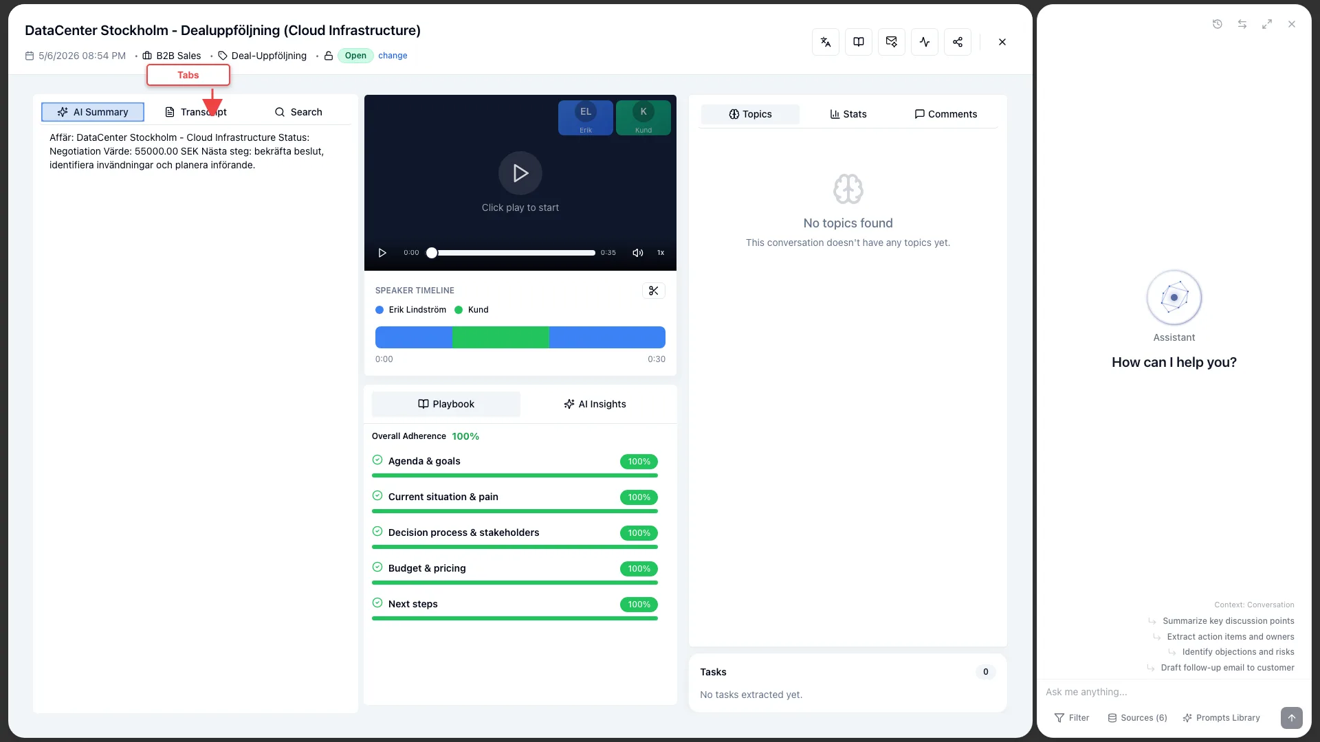 Conversation drawer header with action buttons highlighted