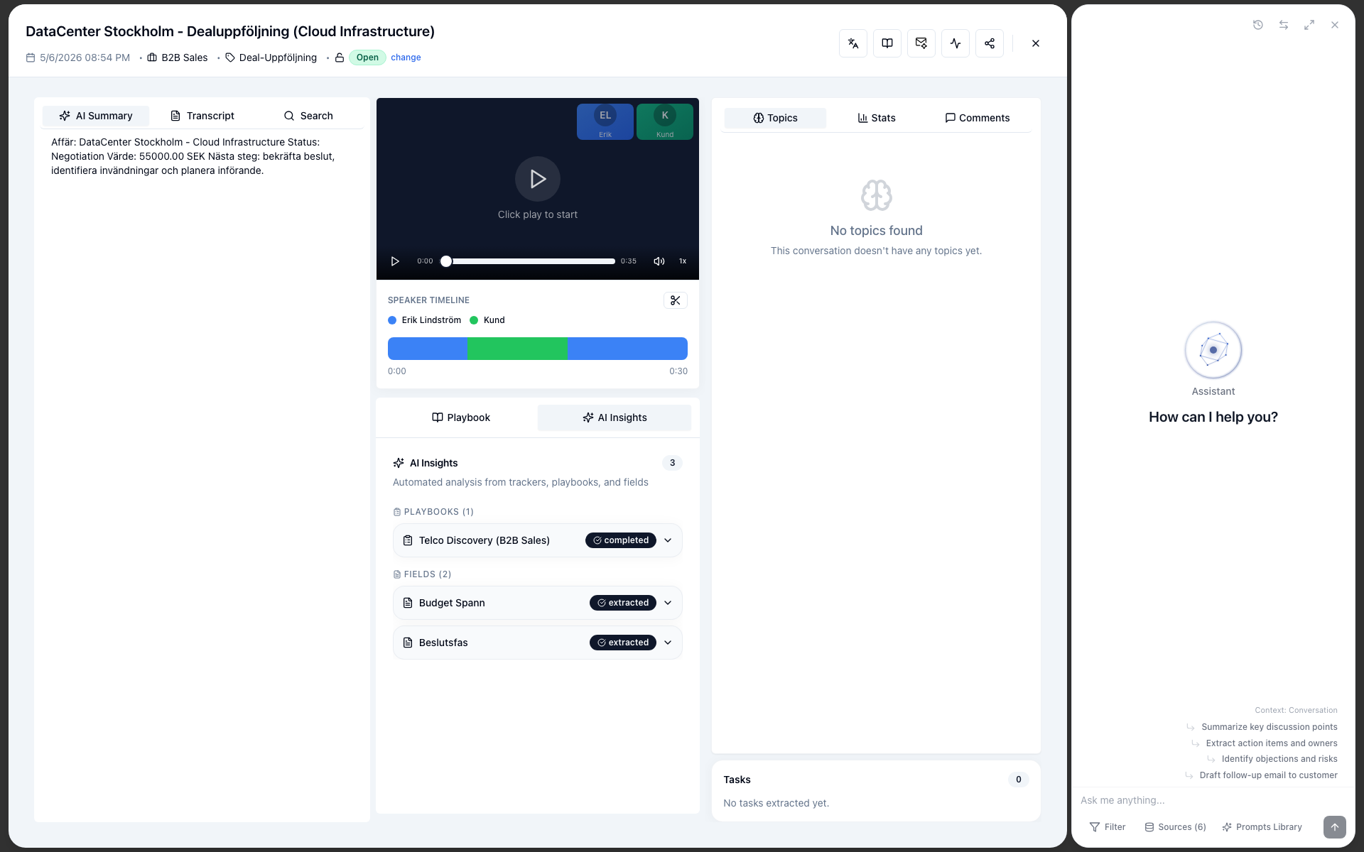 Conversation analysis tabs for topics, stats and comments
