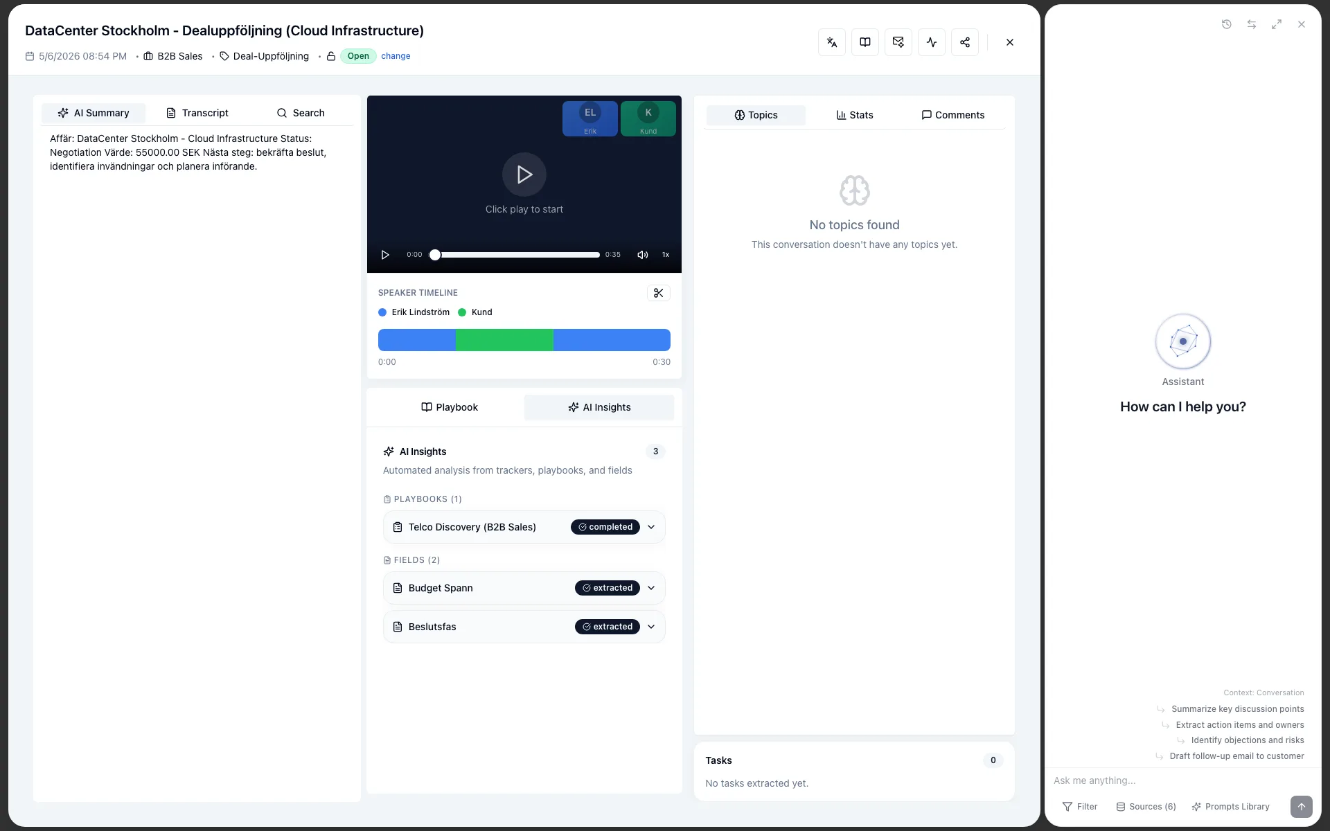 Conversation analysis tabs for topics, stats and comments