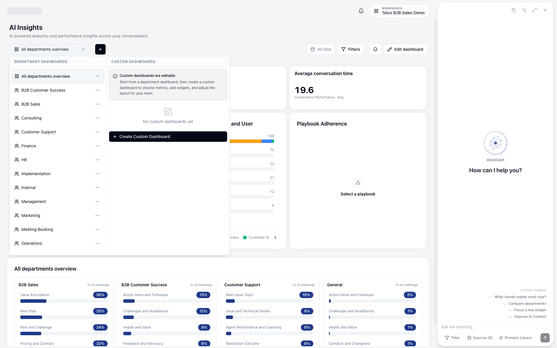 Insights dashboard selector showing department and custom dashboard options