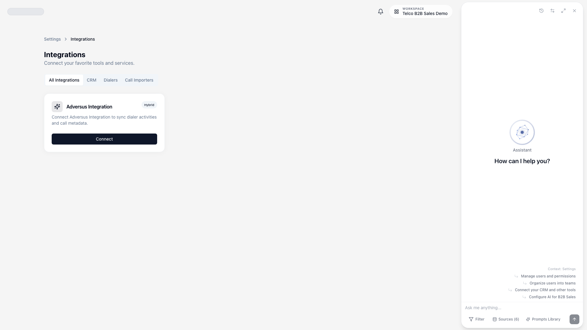 Current Integrations page in Settings