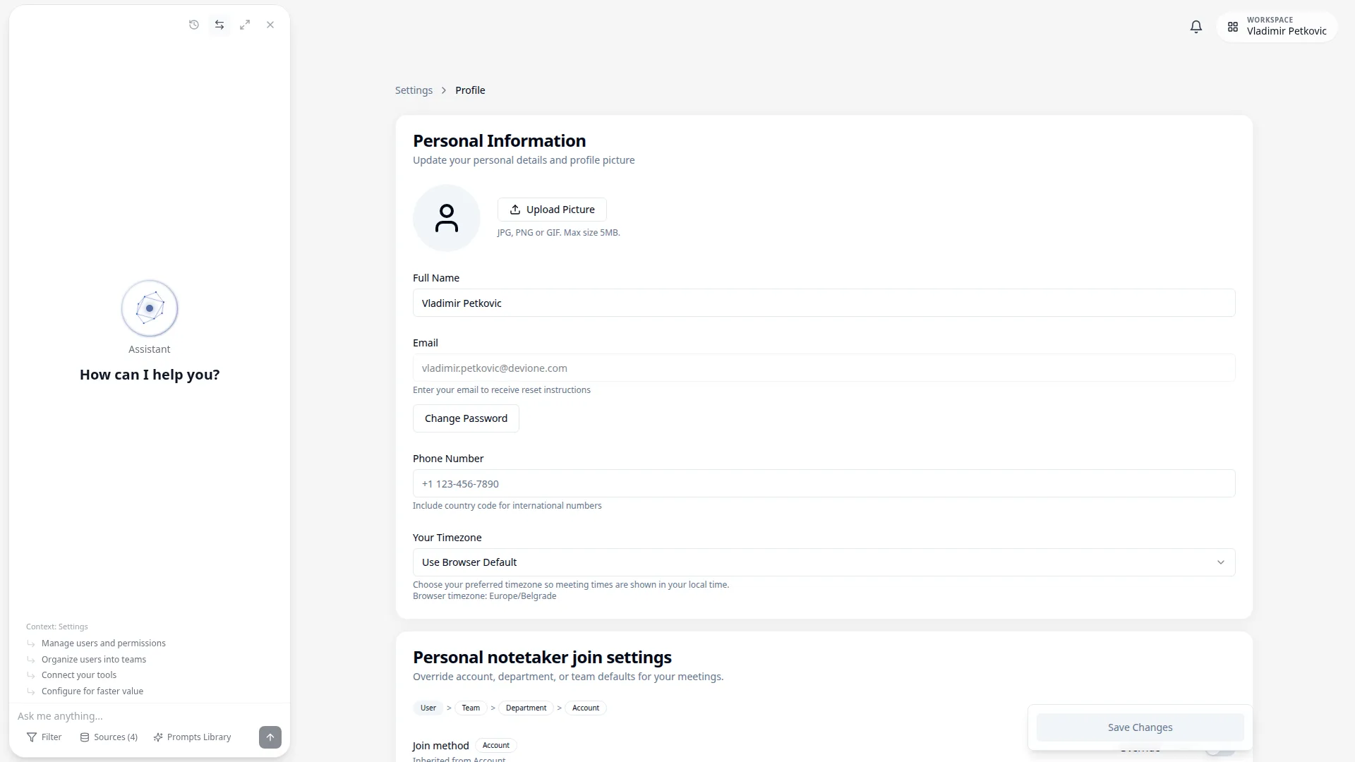 Profile settings personal information page